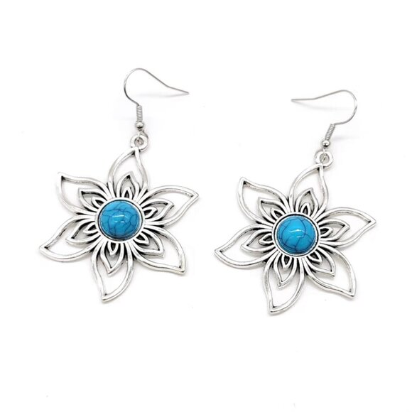 3/$35 Silver Large Turquoise Blue Flower Drop Dangle Hook Slide Earrings Jewelry - Picture 6 of 6